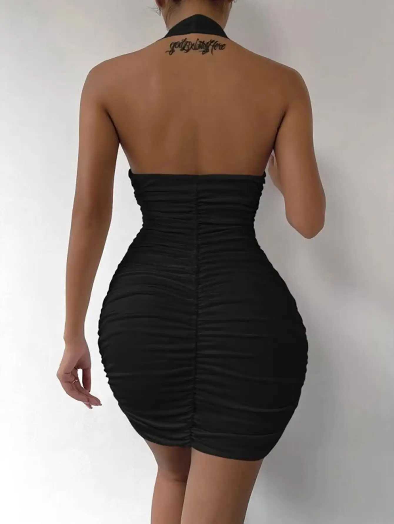 Mini Dress Spring Summer Women Black Halter Neck Ruched Bodycon Sexy Chic Party Date Club Evening Dress M260326