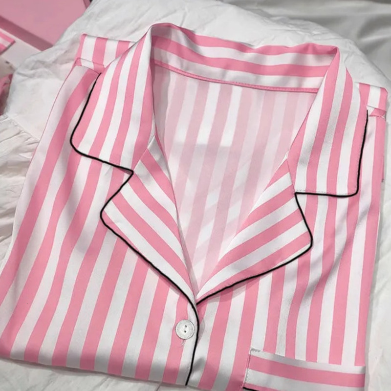 Women's Pajama Set Summer 2 Piece Short Sleeve Synthetic Silk Satin Soft Stripe Printed Home Clothes