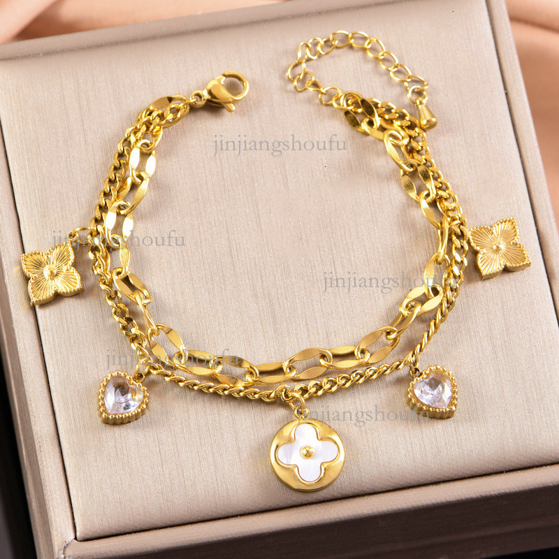 Designer Bracelet Luxury Women's Jewelry Fashion Trend Stainless Steel Color Preserved White Shell Five Leaf Flower Sticky Diamond Double Layer S