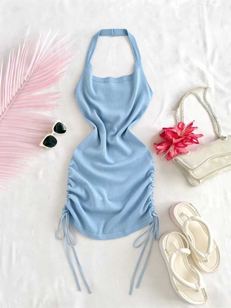 Womens Sexy Summer Light Blue Mini Dress Halter Neck Sleeveless Sundress Ruched Side Drawstring Elastic Ribbed Knit Party Dress M260326