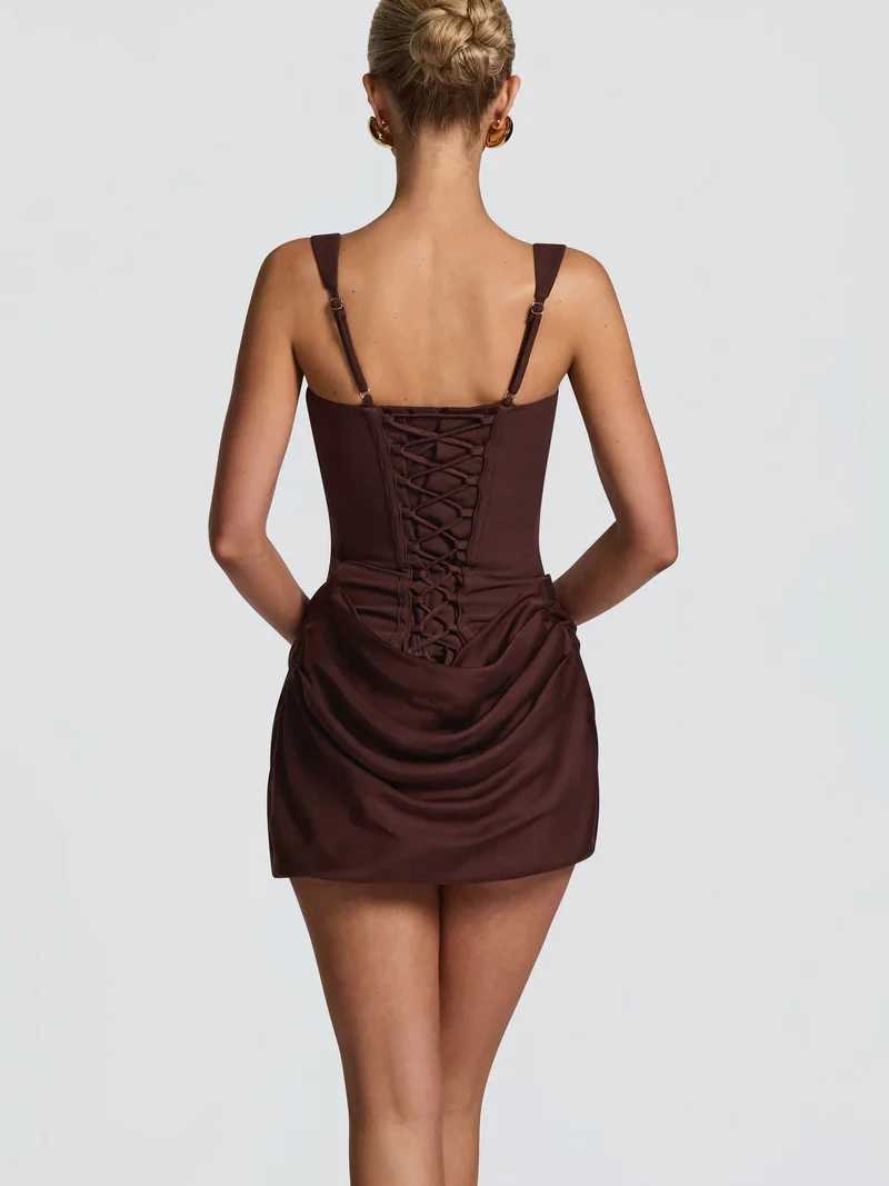 French Style Women Ruched Short Dress Fashion Summer Party Evening Gown Spaghetti Strap Bodycon Sexy Bandage Corset Mini Dress M260326