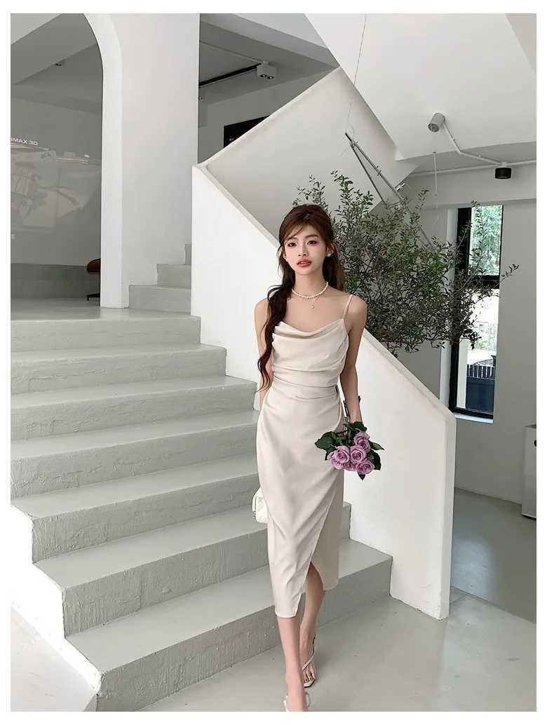 summer Europe and the United States aristocratic style texture satin pleated waist design solid color sexy slit slip dress M260326