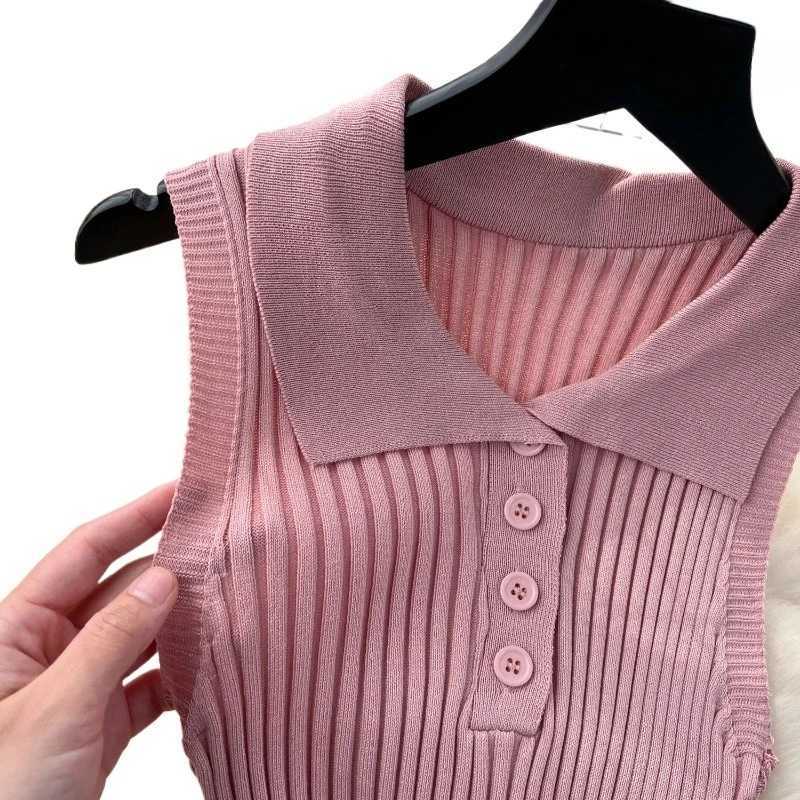 Womens Pink Halter NeCK Sleeveless Polo Collar Button Stretchy Ribbed Knit Bodycon Mini Dress Summer Party Short Dress M260326