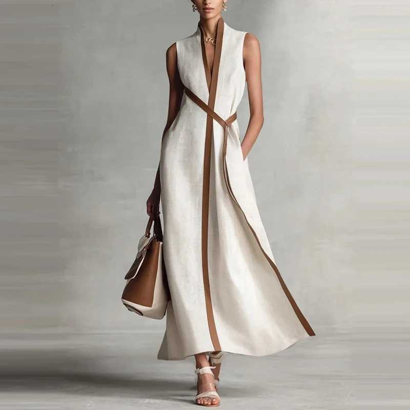 Summer Elegant V-neck Lace-Up Waist Maxi Dress Fashion Color Block Draped Long Dress Casual Slveless Cotton Linen Party Dress X260326