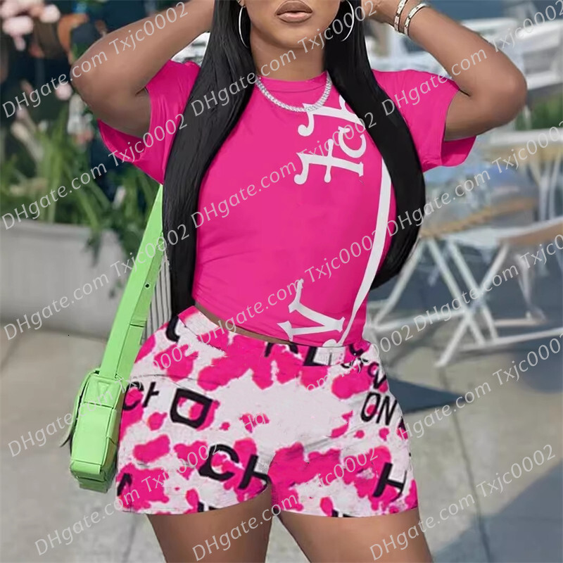 wholesales Womens Tracksuits Two Pieces Set Designer 2026 New Fashion Printed Short Sleeve Shorts Sports Two-Piece Set Outfits 4 Colors