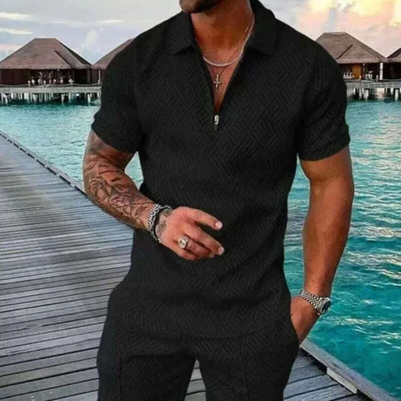 Men's Summer Suit Tracksuits Fashion Men Sets Solid Summer Vneck Zipper Short Sleeve POLO Shirt Shorts Two Pieces Casual Men's Clothing Free