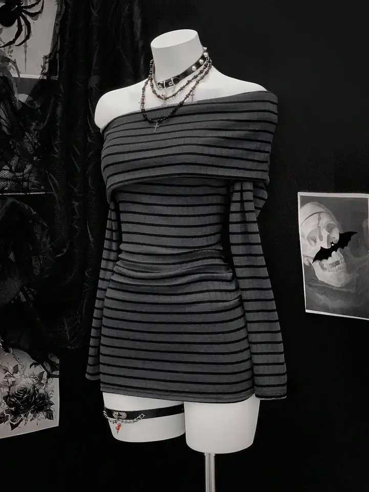 European and American Y2K Pure Desire Style Classic Stripe Print One Shoulder Long Sleeve Hip Wrap Short Skirt M260326