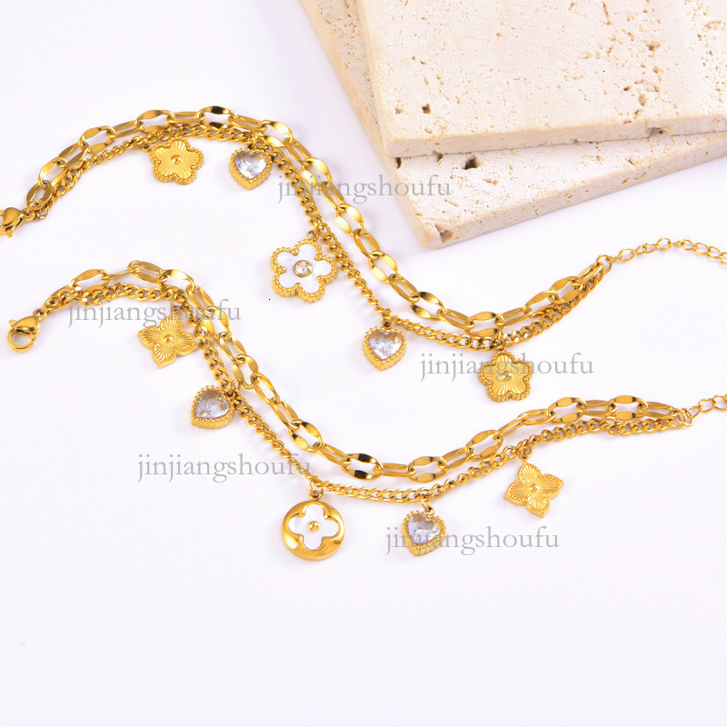 Designer Bracelet Luxury Women's Jewelry Fashion Trend Stainless Steel Color Preserved White Shell Five Leaf Flower Sticky Diamond Double Layer S