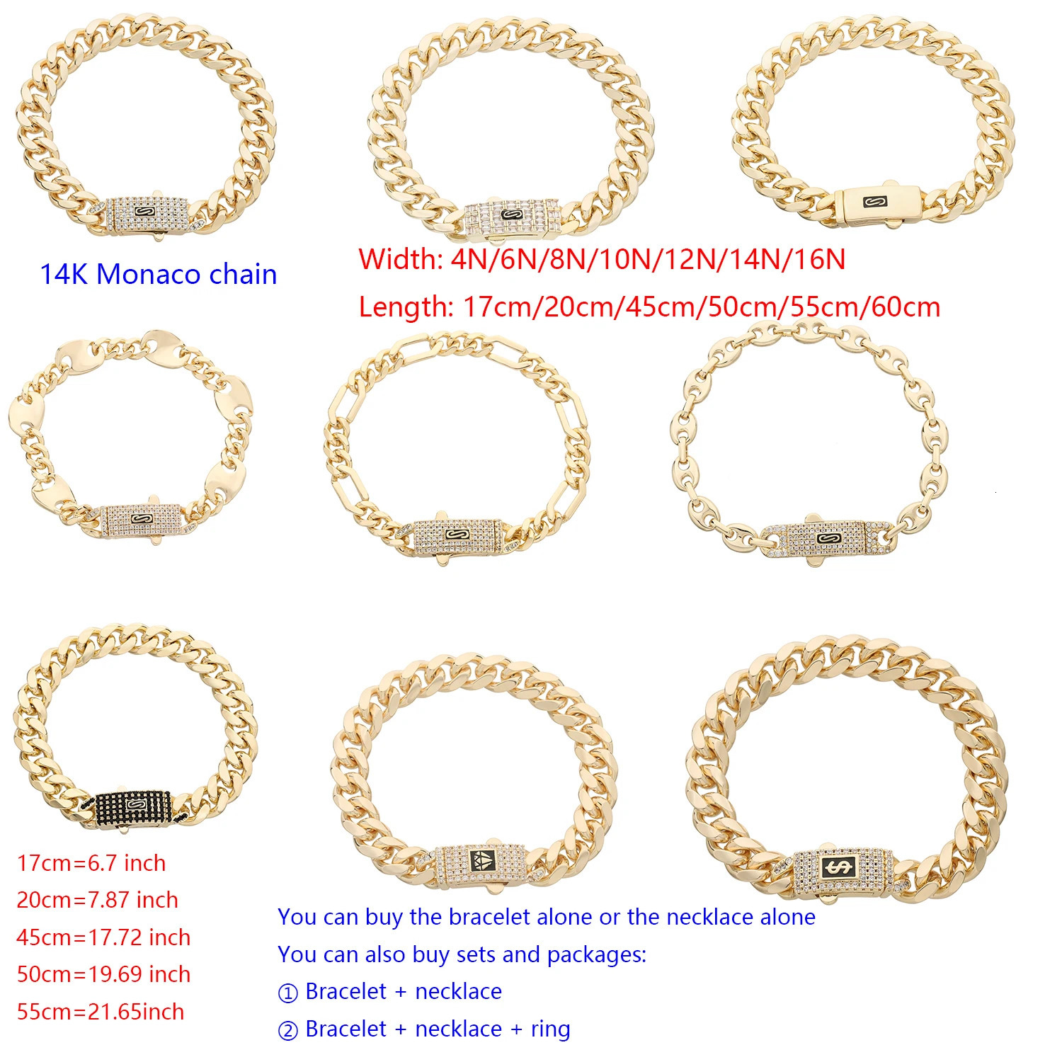 14K Monaco chain for men and women brass cubic zirconia fashionable Monaco bracelet for men and women 260402
