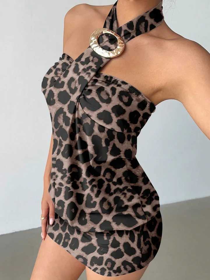 Womens Avant-Garde Sexy Brown Leopard Print Full-Width Pattern Tight Bandeau Metal Button Decor Halter Black Mini Super Shor M260326