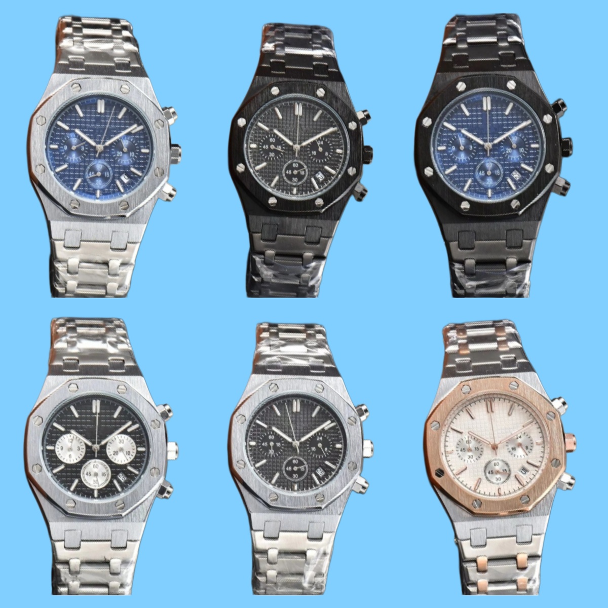 New aaapppsss Mens Aude WristWatches Six needles All dials work Quartz Watches High quality Chronograph clock Steel Belt fashion red yellow blue color watch