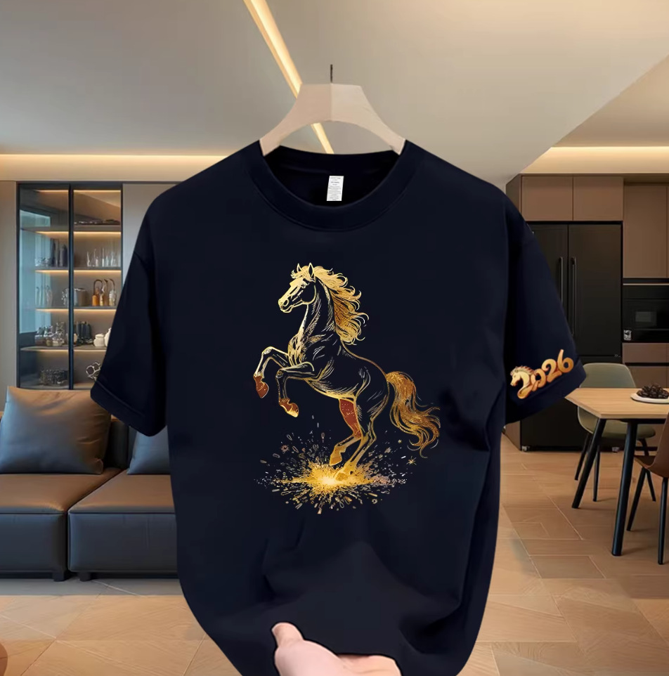2026 Year of the Horse Viral Men's T-Shirts | Horse Graphic Crew Neck Oversized Casual 100% Cotton Summer Tops