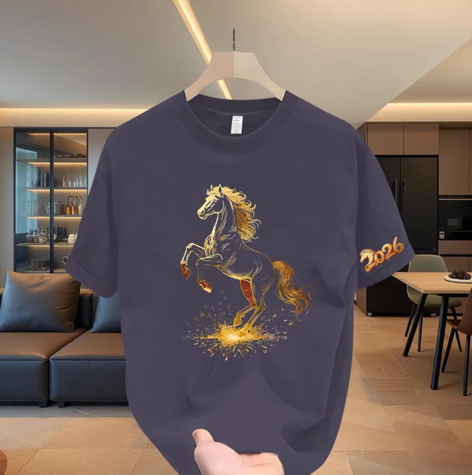 2026 Year of the Horse Viral Men's T-Shirts | Horse Graphic Crew Neck Oversized Casual 100% Cotton Summer Tops