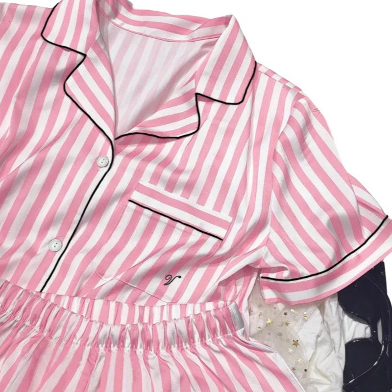 Women's Pajama Set Summer 2 Piece Short Sleeve Synthetic Silk Satin Soft Stripe Printed Home Clothes