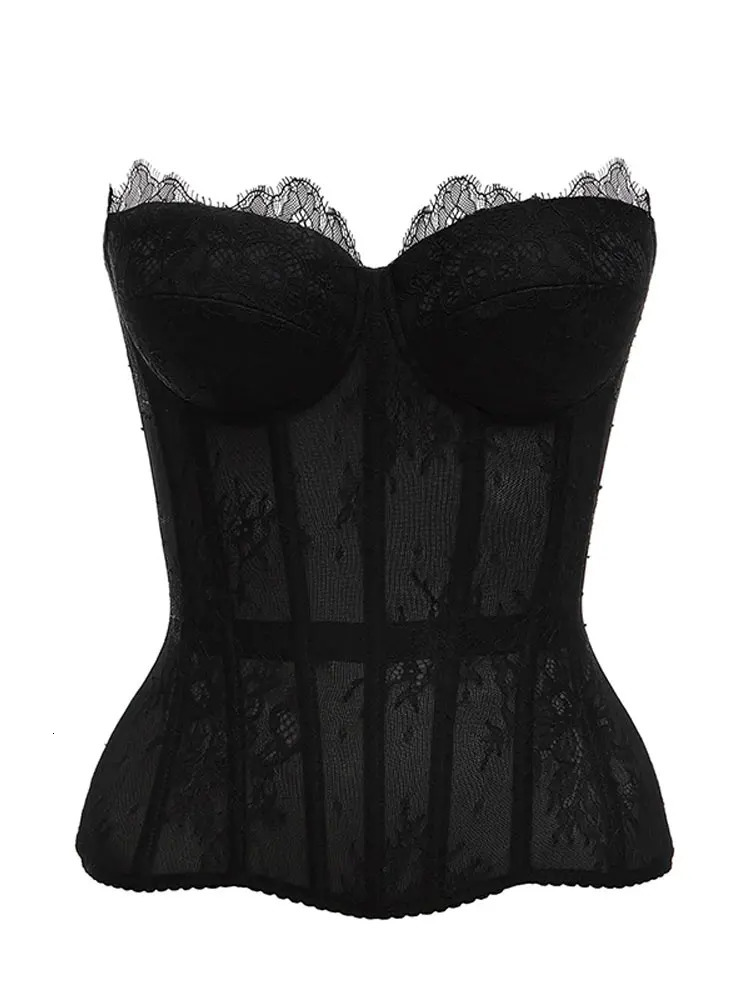 Sexy Womens Lace Fishbone Bandage Vest Slim Strapless Backless Female Corset 2026 Spring Summer Lady Beach Party Tops 260410