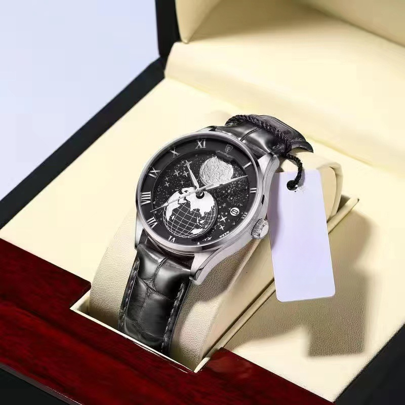 Waterproof Men's Wristwatch, Casual Quartz Watch with Luminous World Map Dial, Complete Calendar, 30 m Water Resistance, 41 mm Rose Gold-Tone Case, Br - view 5