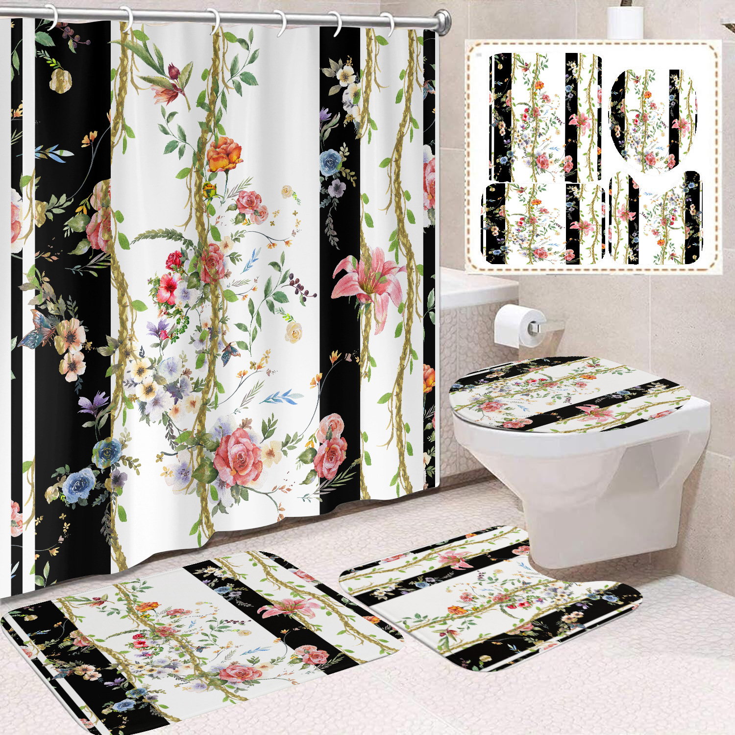 YL-38393 Floral Shower Curtain and Floor Mat Set (4 Pieces) - Bathroom Dry and Wet Separation Toilet Isolation Curtain - Modern Minimalist Style