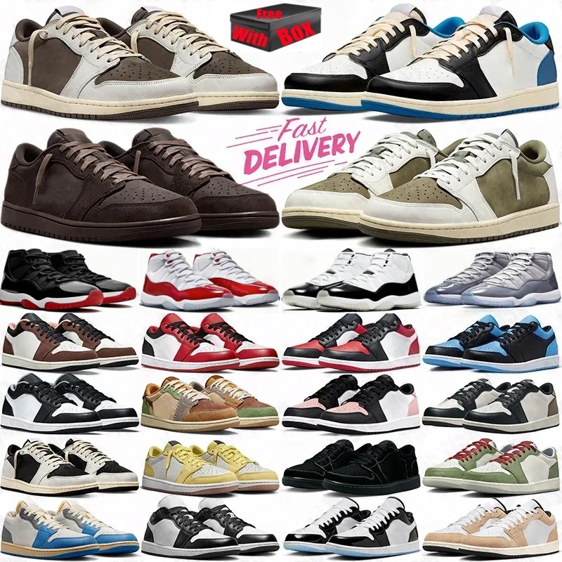 free shipping travisscot shoe 1 low basketball shoes Reverse Mocha Cherry Red 11s Black Phantom Military Blue Fragment travis scotts shoes outdoor sports sneakers