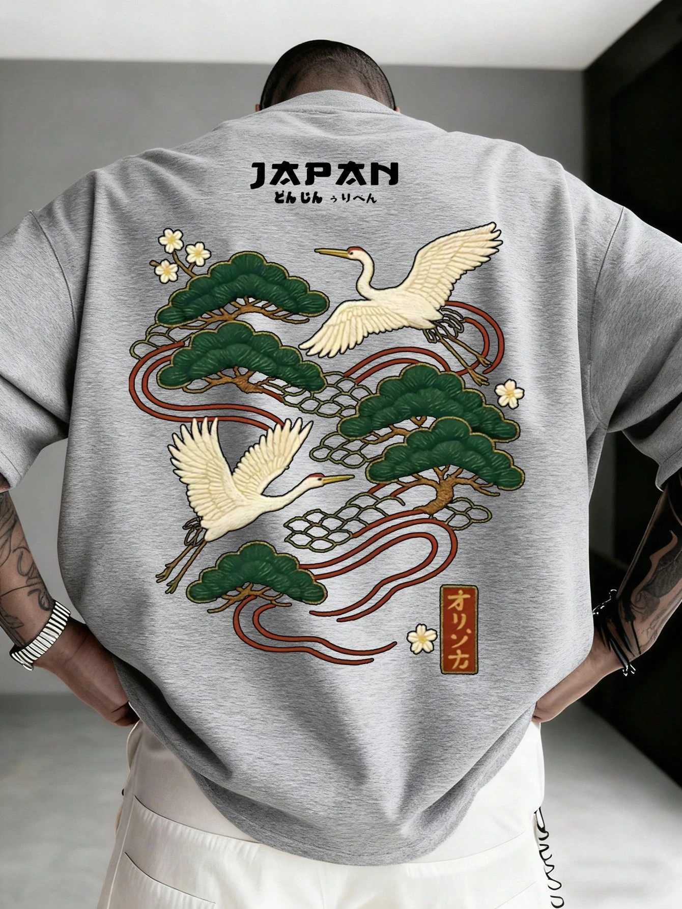 Summer Japan Tsuru Matsu Printing Cotton T-Shirts Mens Short Sleeve T Shirts Oversized O-Neck Soft Tops Casual Male Clothes C260326
