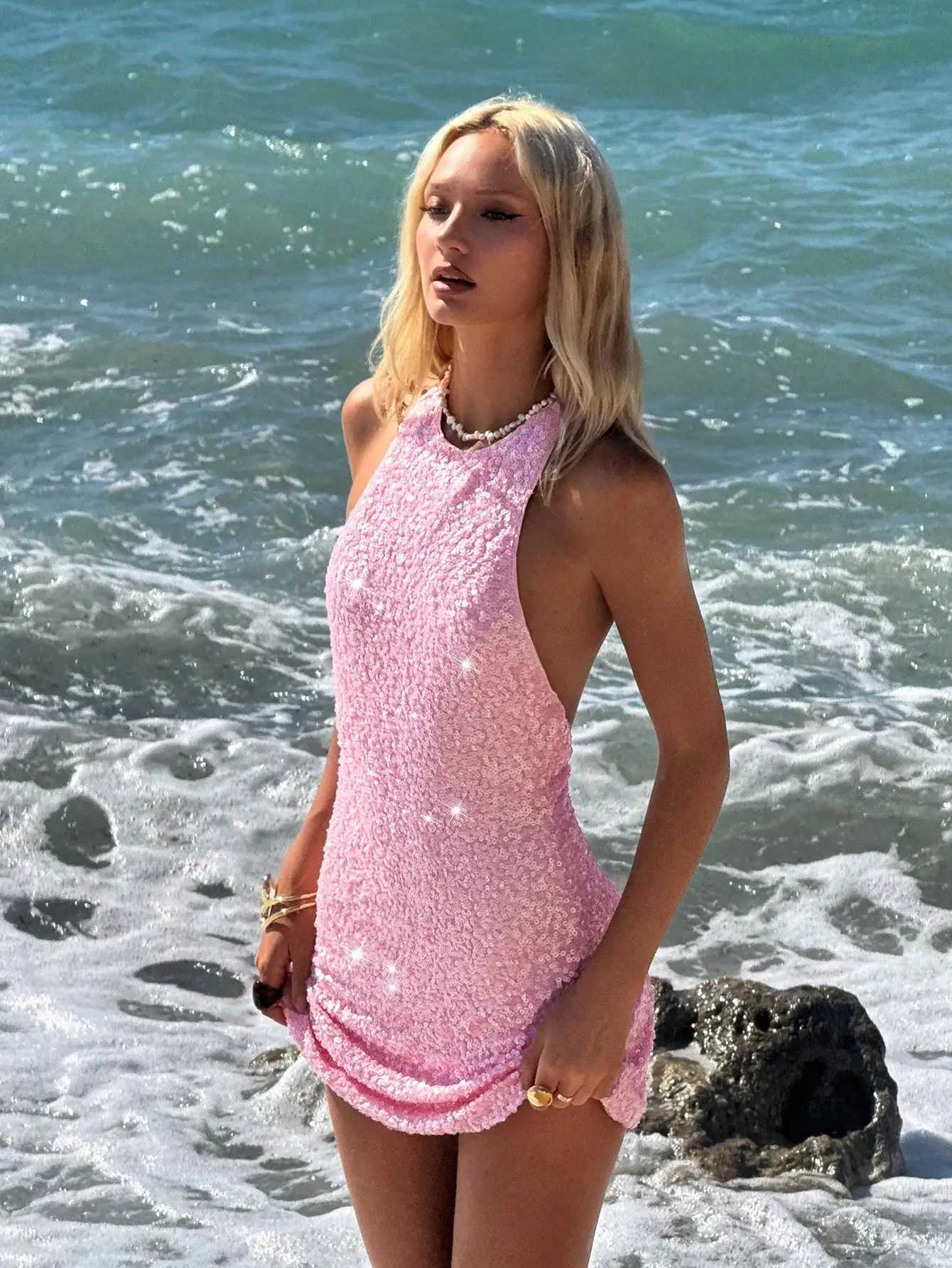 Pink Sequin Backless Halter Mini Dress with Flared Hem M260326