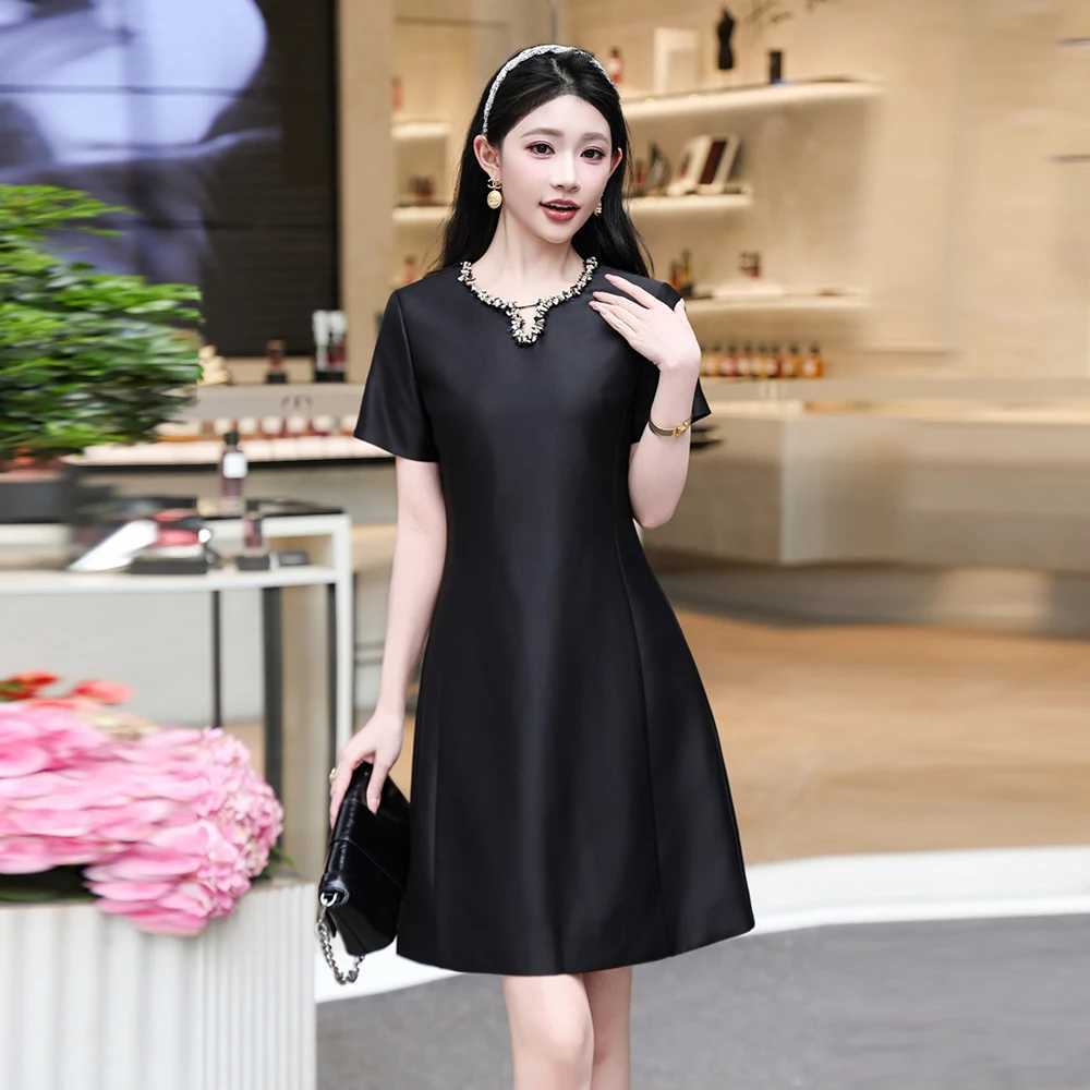 ZJYT Runway Fashion 2026 Spring Summer Dresses for Women Elegant Short Sleeve Beading Solid Pink Black Casual Party Dress Lady M260326