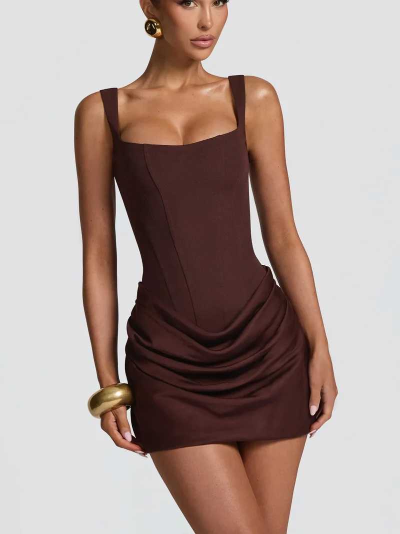 French Style Women Ruched Short Dress Fashion Summer Party Evening Gown Spaghetti Strap Bodycon Sexy Bandage Corset Mini Dress M260326