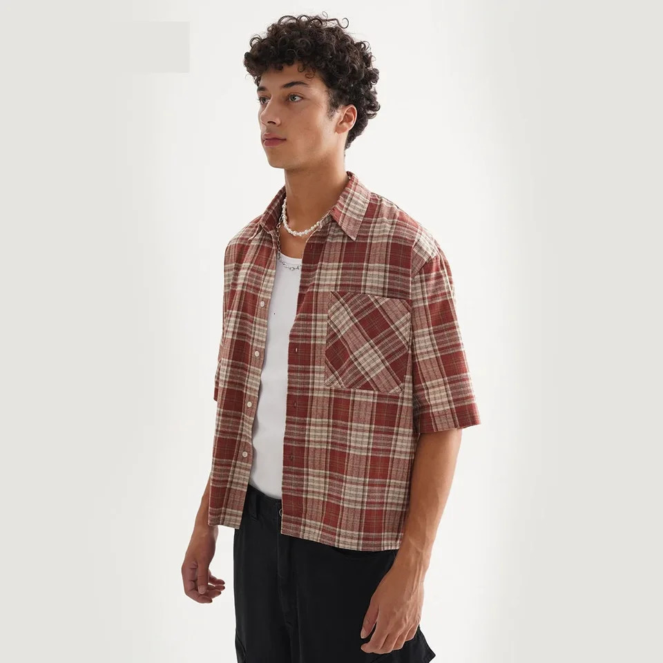 KF-126 Manufacturer Mens Flannel Shirts 100 Cotton Short Sleeve Cropped Boxy Plaid Button Up Casual Shirt for Man 260324 - view 3