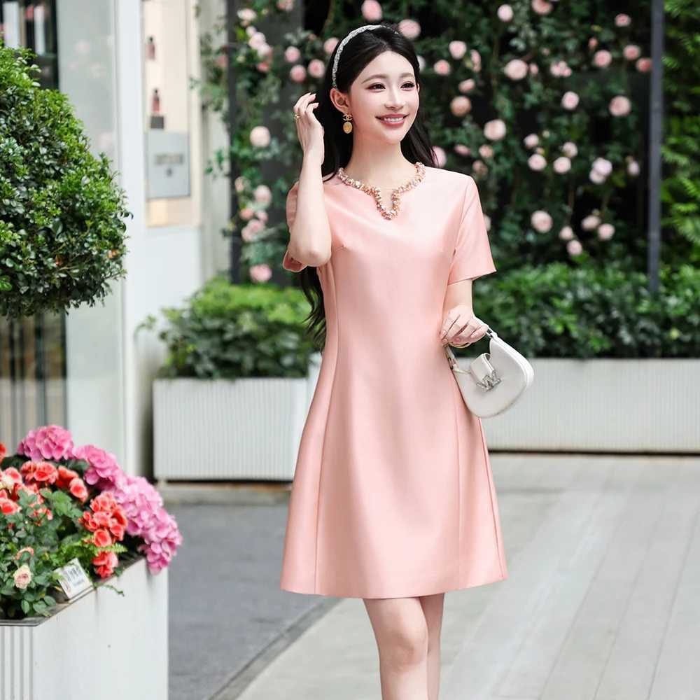 ZJYT Runway Fashion 2026 Spring Summer Dresses for Women Elegant Short Sleeve Beading Solid Pink Black Casual Party Dress Lady M260326