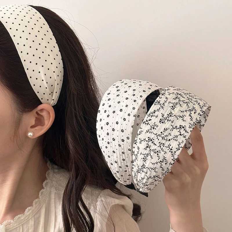 French-style Polka Dot Wide Floral Fabric Headband for Women Fashionable Hair Tie Hair Accessory D260326