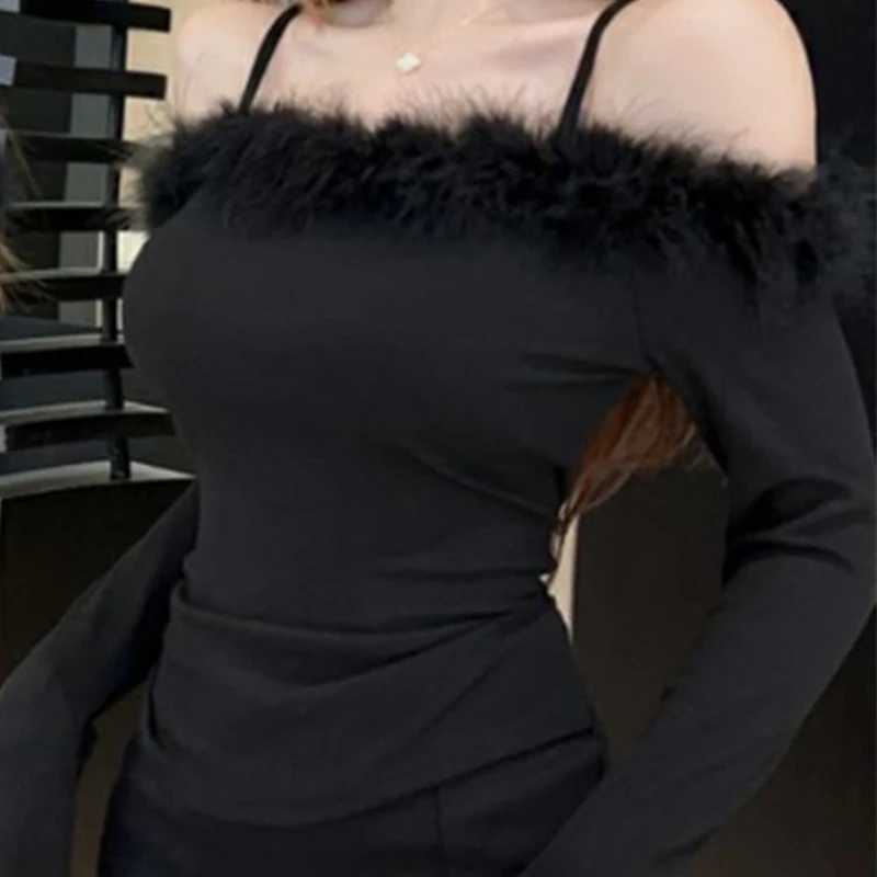 Dresses Women Sexy Faux Fur Collar Skinny All-match Basic Mini Ins Dress M260326