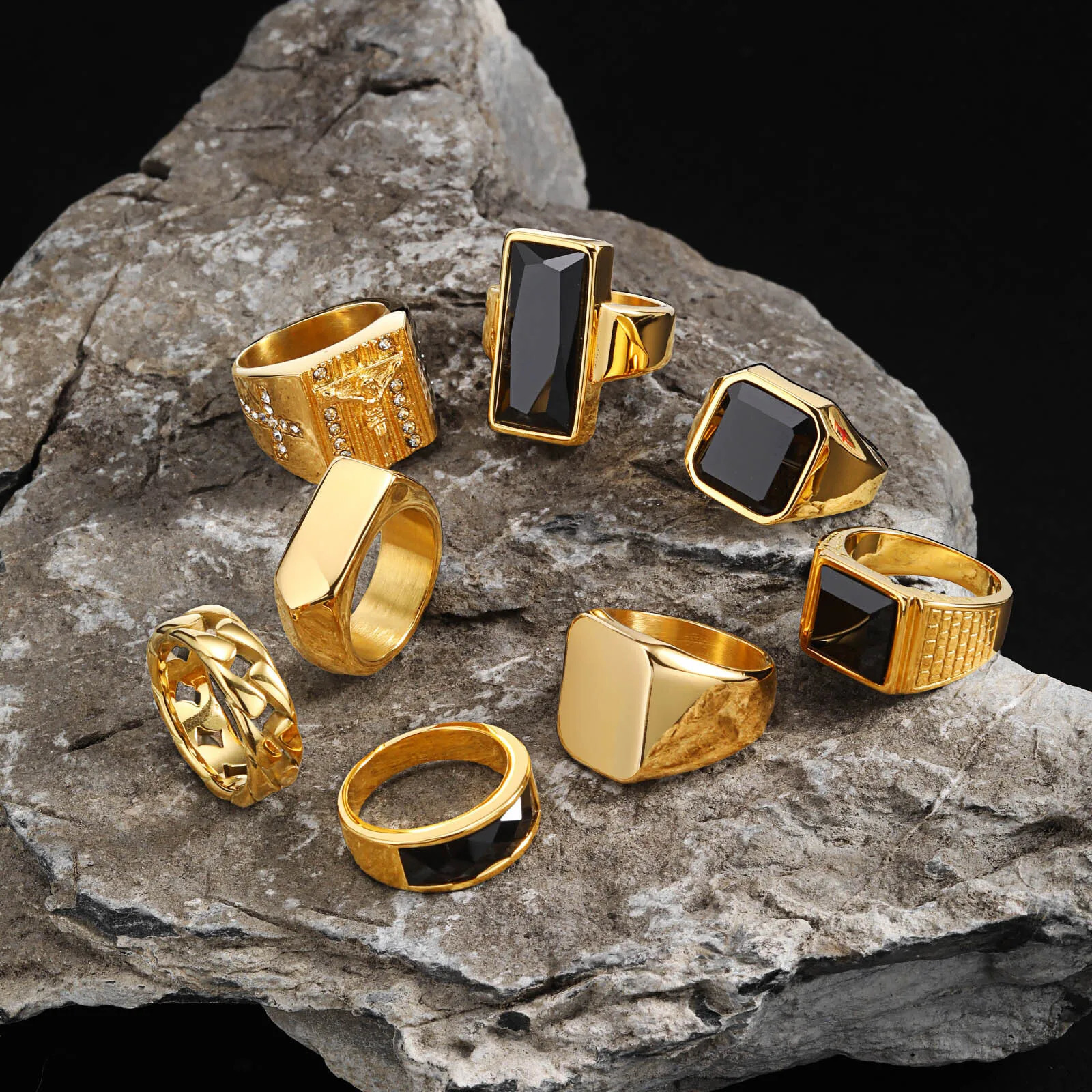 Punk Gold Plated Rings for MenBlack Geometric Square Stone Signet RingMale Chunky Thumb Ring 260423