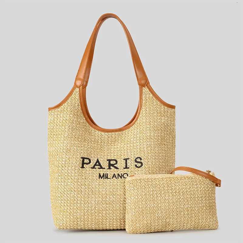 Paris Fashion Straw Tote Bag Large Capacity Khaki High Quality Summer Casual Versatile Women Shoulder Bag With Small Bag H260326