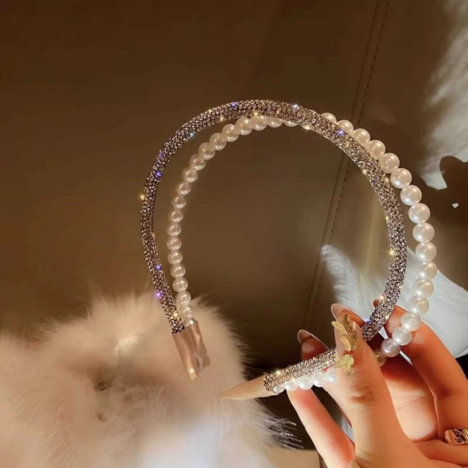 1PC Fashionable Double-Layer Imitation Pearl Rhinestone Hair Hoop for Women - High-End Rhinestone-Inlaid Versatile for Outing D260326