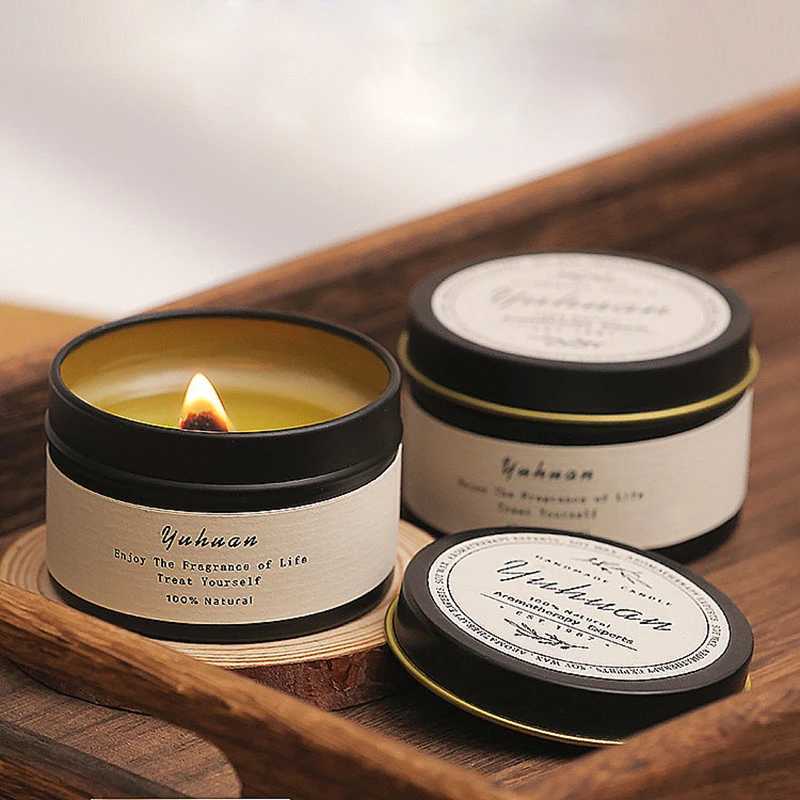 Black Tin Can Scented Aromatic Candles Wooden Wick Candle Jars with Lid Classic Home Decorative Candles Citronella H260326