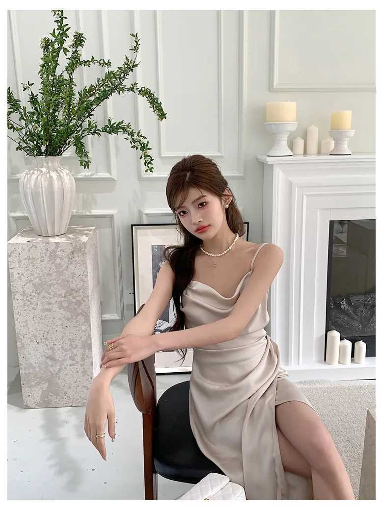 summer Europe and the United States aristocratic style texture satin pleated waist design solid color sexy slit slip dress M260326