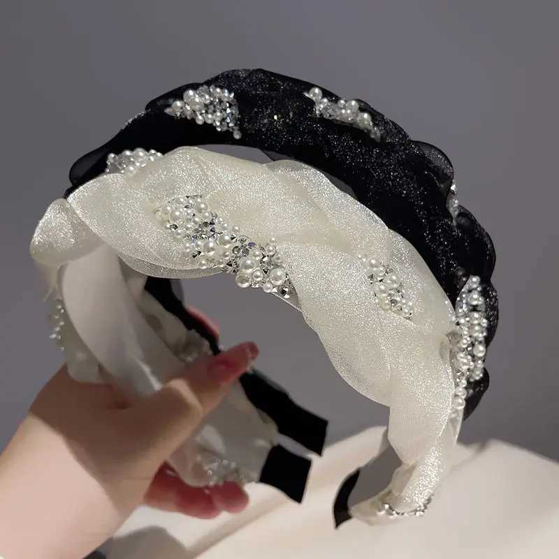 Korean Double Pearl Rhinestone Headband Lace Braided Hairband Hair Hoop Bezel Crystal Headbands for Women Girl Hair Accessories D260326