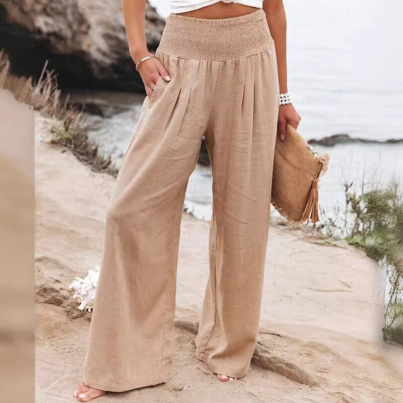 Summer pants women Women's Linen Wide Leg Pants 2026 Summer New High Waist Casual Outdoor Trousers European American Loose Cotton Blend Pants wit