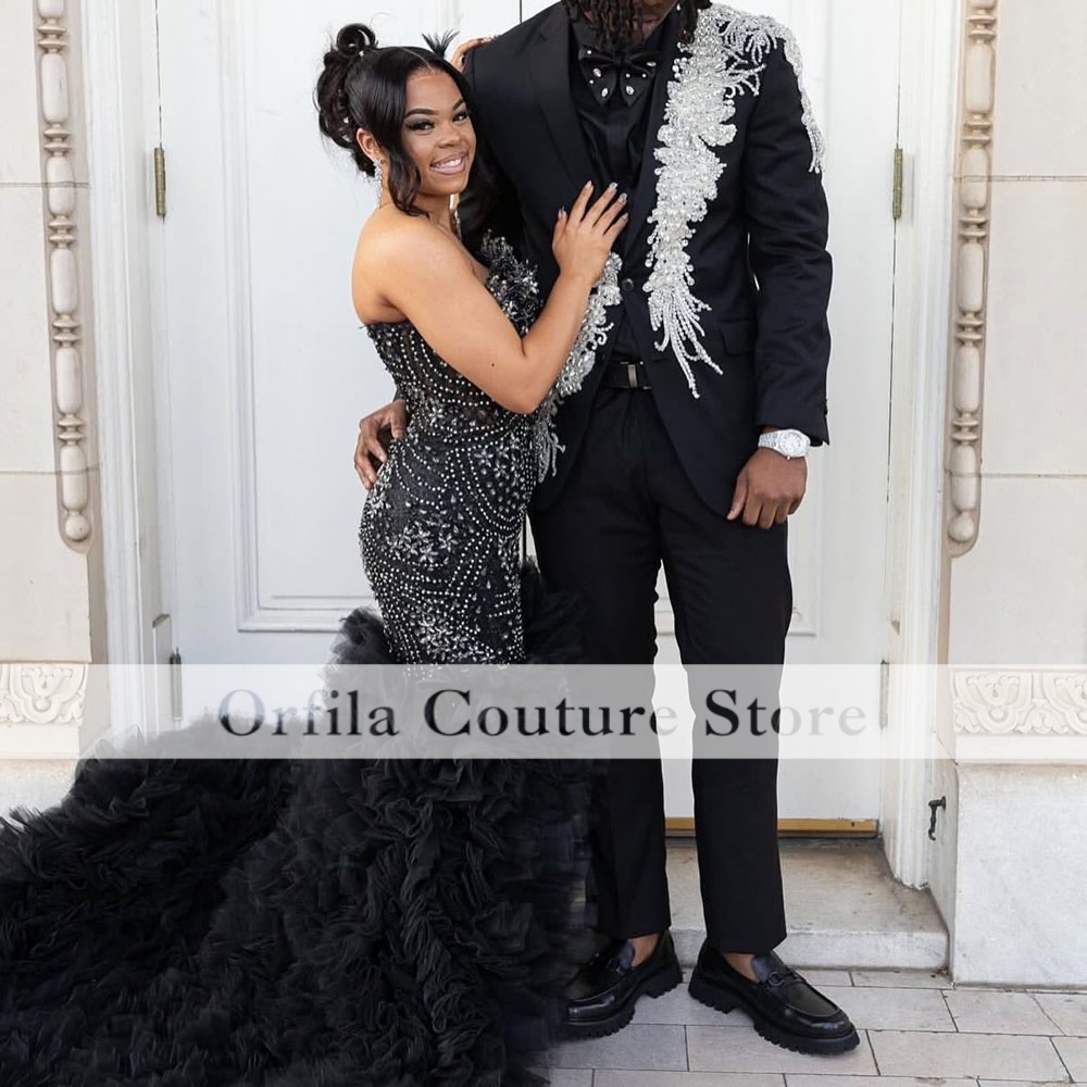 Black Prom Dresses 2026 Luxury Mermaid Sequins Beading Ruffles Formal Gowns Customized Evening Party Gowns Vestido De Festa