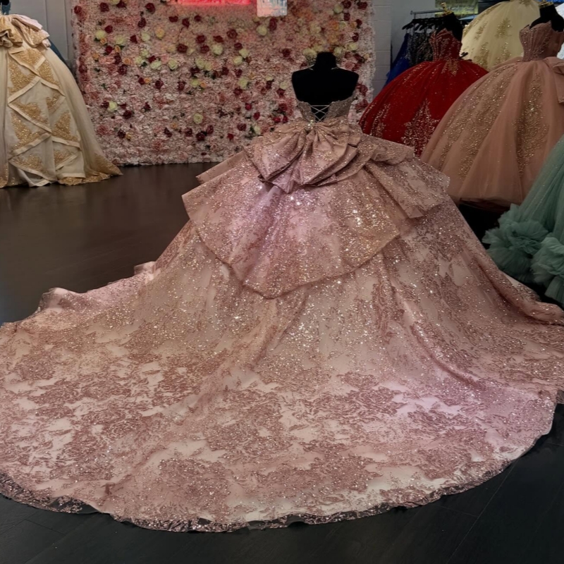 Pink Ball Gown Quinceanera Dresses Sequin Applique Lace Beading Crystal Bow Tull Corset Off Shoulder Sweet 16 Dress Vestidos 15 De Anos
