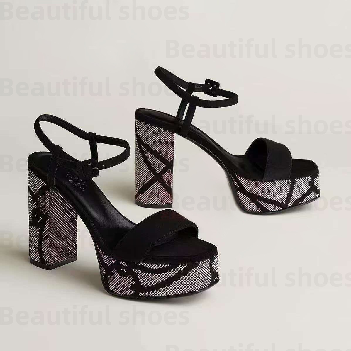 High quality women's Chunky Heel sandal Luxury cowhide suede rhinestone Platform Shoes lady business dress shoes Fashion designer high heels size 35-42 with box