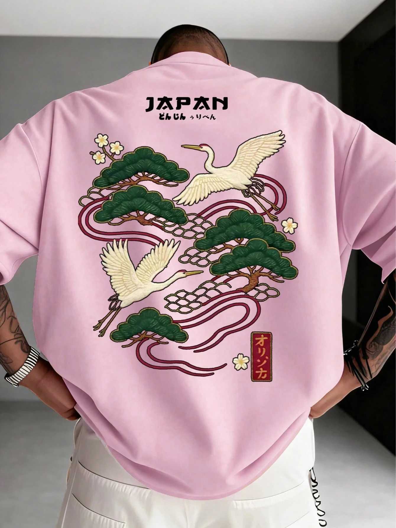 Summer Japan Tsuru Matsu Printing Cotton T-Shirts Mens Short Sleeve T Shirts Oversized O-Neck Soft Tops Casual Male Clothes C260326