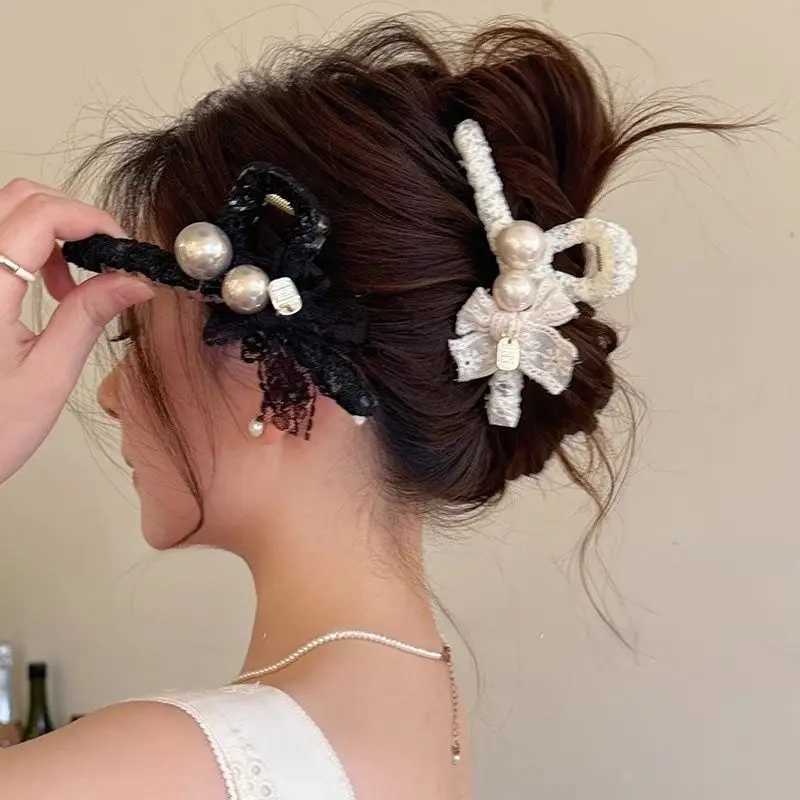 1pc Elegant temperament lace pearl large grab clip new style hair clip high-end shark clip at the back of the head H260326