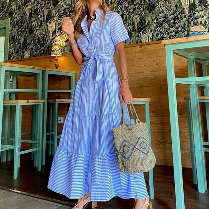 Women Blue Striped Maxi Dress Short Slve Lace Up Ruffles Hem Strtwear Boho Vacation Office Lady Dresses Summer Robes Vestido X260326
