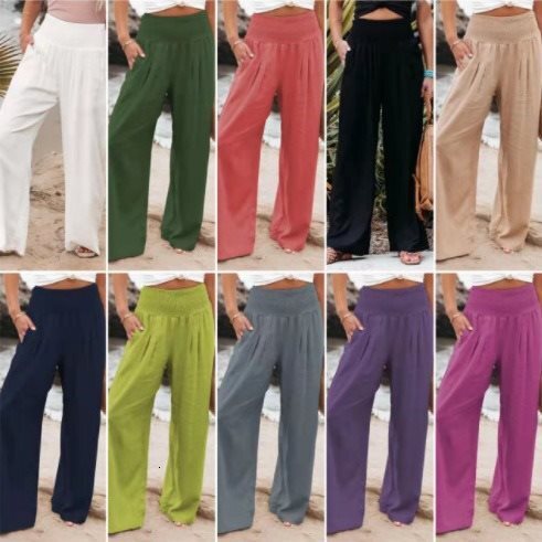 Summer pants women Women's Linen Wide Leg Pants 2026 Summer New High Waist Casual Outdoor Trousers European American Loose Cotton Blend Pants wit