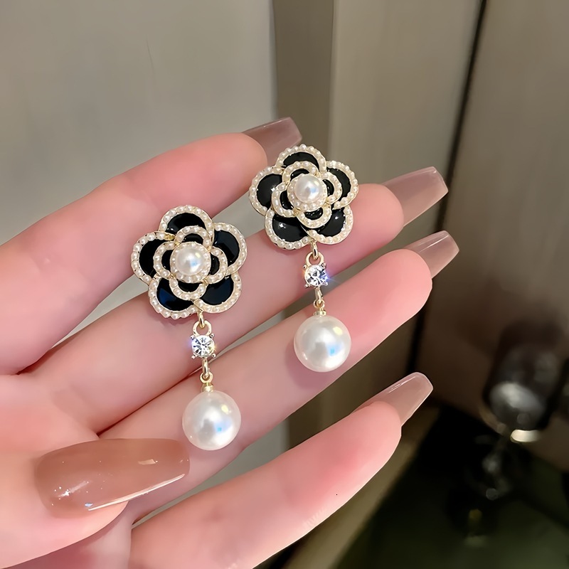 Luxury Brand Designer Jewelry New Korean Style Elegant Camellia Pearl Earrings For Women, High-End Fashion Versatile Floral Drop Earrings, -Inspired E