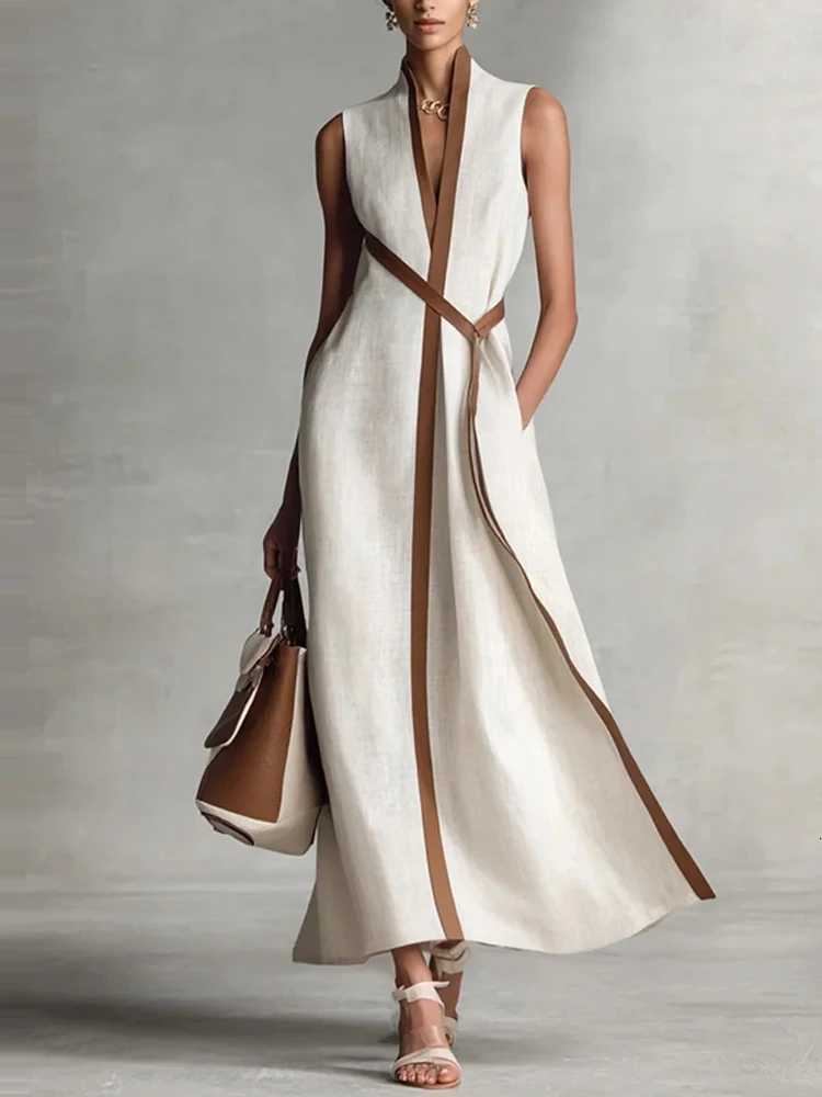 Summer Elegant V-neck Lace-Up Waist Maxi Dress Fashion Color Block Draped Long Dress Casual Slveless Cotton Linen Party Dress X260326