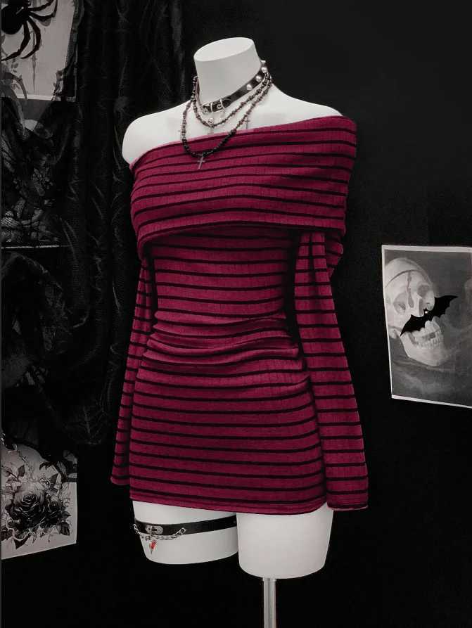 European and American Y2K Pure Desire Style Classic Stripe Print One Shoulder Long Sleeve Hip Wrap Short Skirt M260326