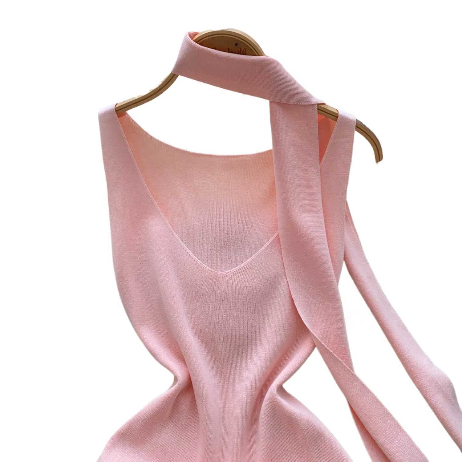 Pink Detachable Scarf Mini Dress Womens Sleeveless Sundress V-Neck Side Slit Stretchy Ribbed Knit Bodycon Casual Party Dress M260326