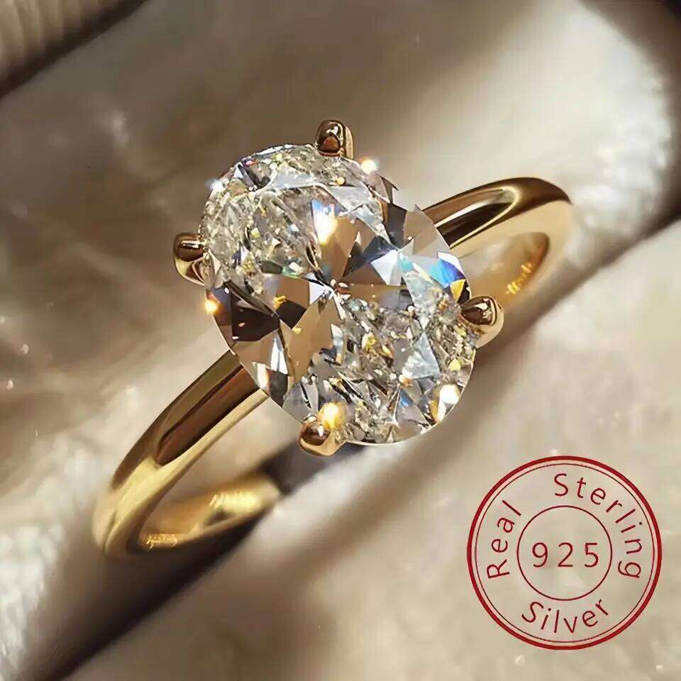 Jewelry Rings 925 Sterling Silver 2CT Zircon Gorgeous Shiny Oval Stone Ring Engagement Wedding Luxury High Quality Fine Gift for Women Size 5-10 Visio