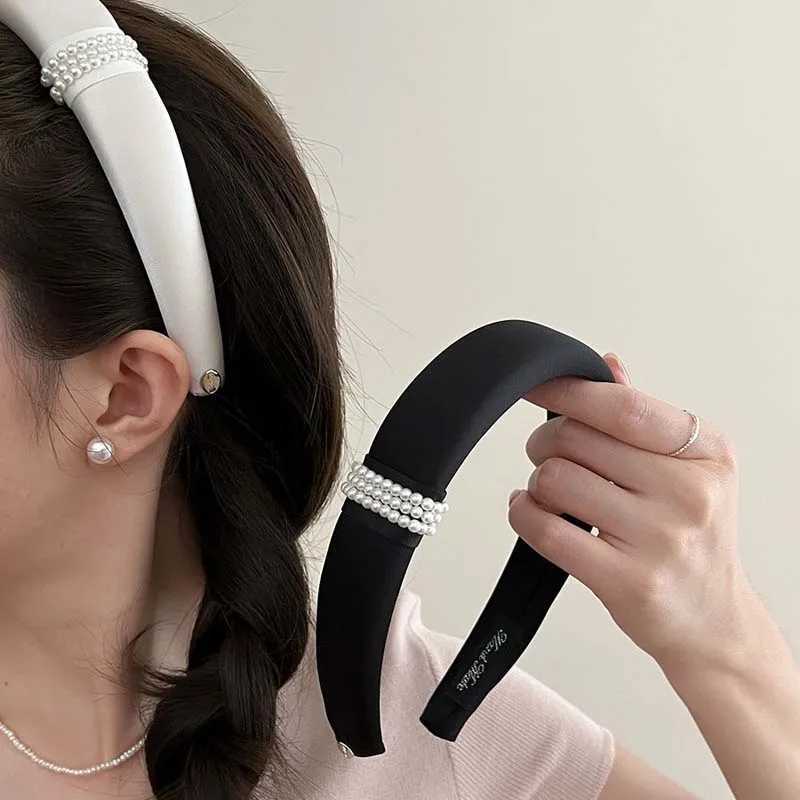 Korean Pearl Satin Headbands for Women Elegant Black White Wide Side Elastic Sponge Thick Headdress Wedding Hair Accessories D260326